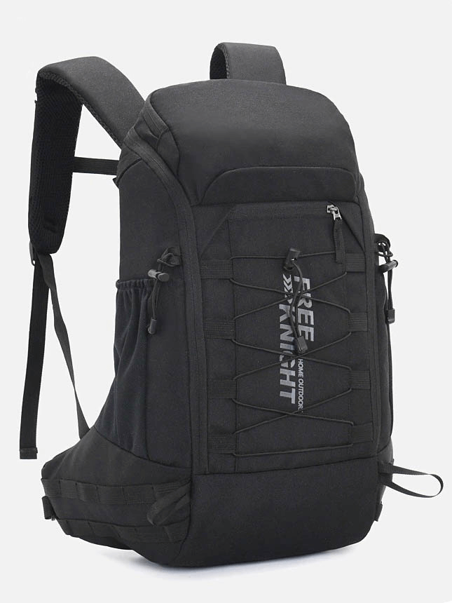 Black 40L travel backpack with rain cover, ideal for outdoor adventures. Features multiple compartments and comfortable soft handle.
